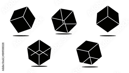 collection of abstract black geometric cube shapes with line designs and shadows
