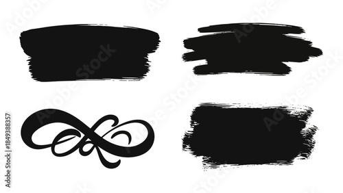 Collection of black paint strokes and ornamental flourish for graphic design projects