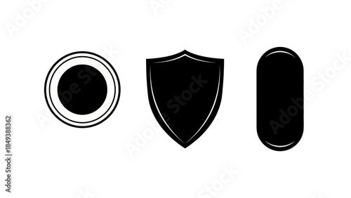 Collection of black shield emblems and icons on a white background