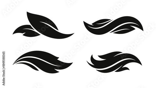 Collection of black leaf icons representing nature and organic designs on a white background