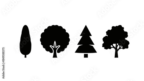 Collection of black silhouette icons representing different types of trees on a white background