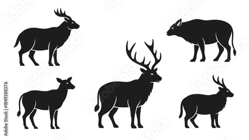 Collection of Black Silhouette Icons Representing Various Wild Animals including Deer and Boar