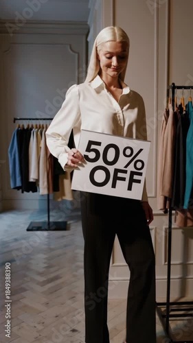 Blonde woman in stylish boutique holds a 50%, fifty percent off sale sign promoting retail discounts and savings