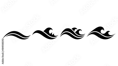 collection of black stylized ocean wave icons on white background representing surfing and water