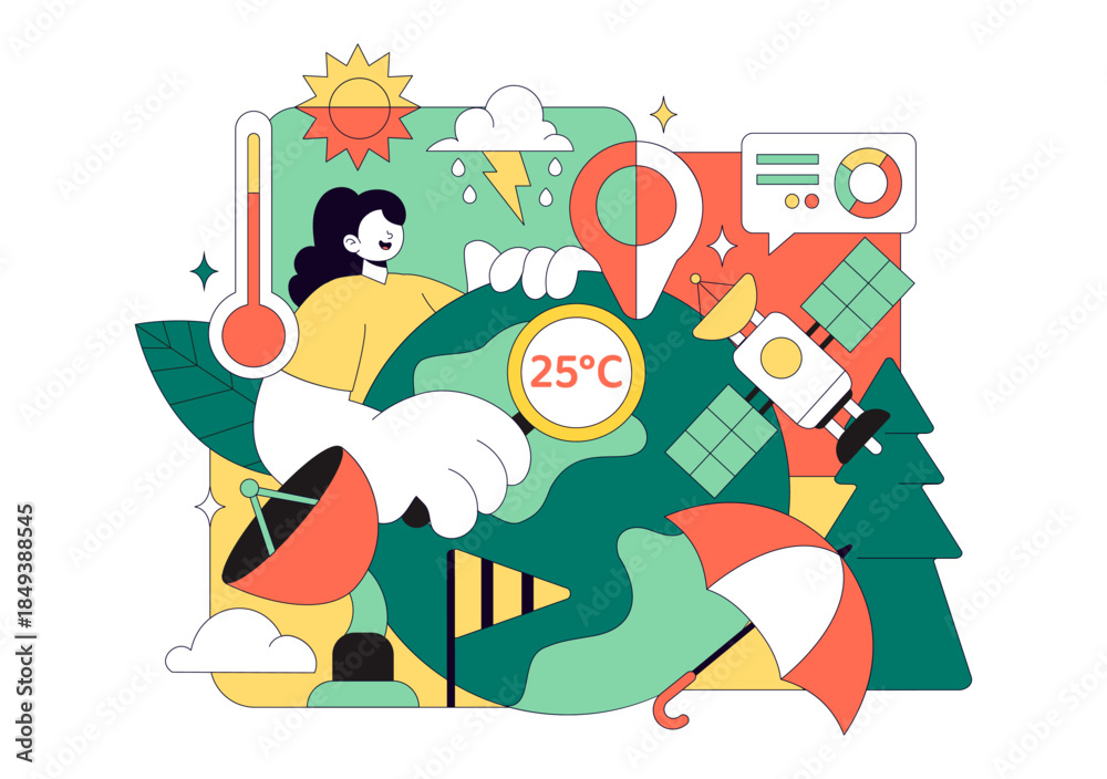 Naklejka premium Meteorologist Vector Illustration Featuring A Weather Forecaster Analyzing Atmospheric Precipitation Maps And Weather Patterns on a Flat Background