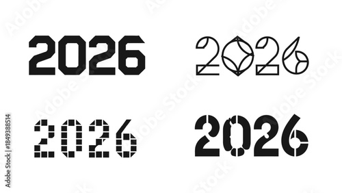 Collection of stylistic representations of the year 2026 in graphic design formats