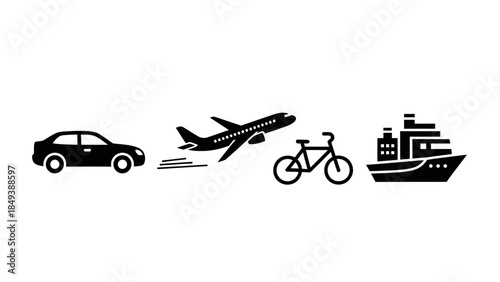 Diverse modes of transportation including a car, airplane, bicycle, and ship