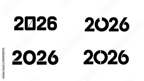 Four distinct typographic representations of the year 2026 in bold black font