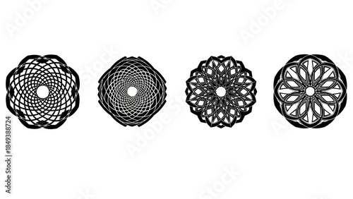 Four Intricate Black Geometric Abstract Patterns on White Background Vector Art