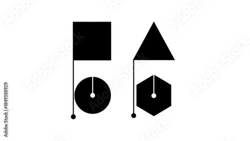 Minimalist black geometric shapes representing flags and compass points on a white background