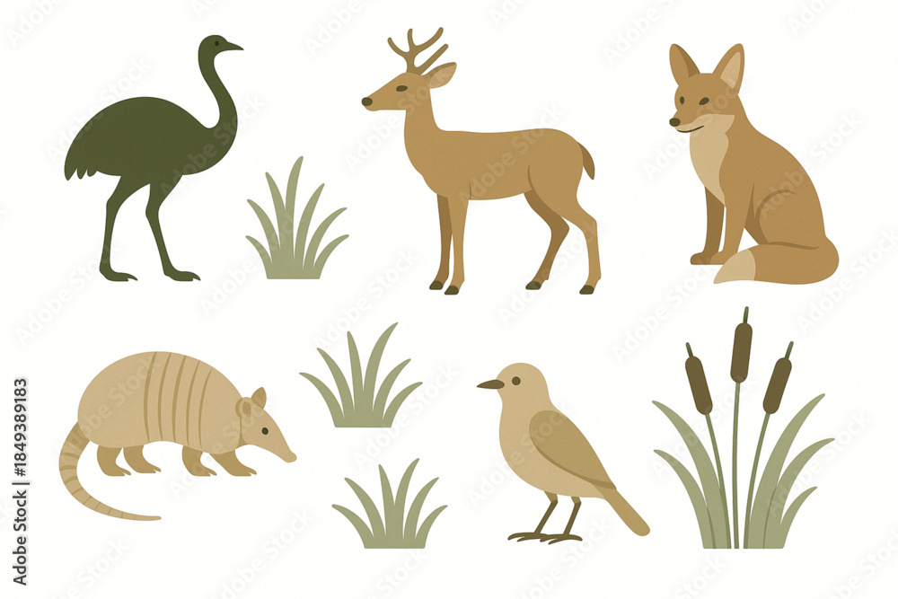 Obraz premium Argentine Pampas Wildlife Icon Set with Ñandú, Deer and Fox in Flat Vector