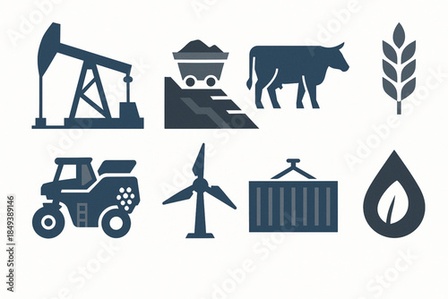 Argentina Industry Icon Set with Oil, Lithium, Agriculture and Energy in Flat Vector