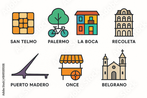 Buenos Aires Neighborhood Icon Set with San Telmo, Palermo and La Boca in Flat Vector