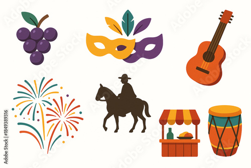 Argentine Festival Icon Set with Vendimia, Carnival and Gaucho Parade in Flat Vector