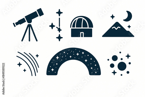 Argentinian Astronomy and Stargazing Icon Set with Telescope, Constellations and Observatory in Flat Vector