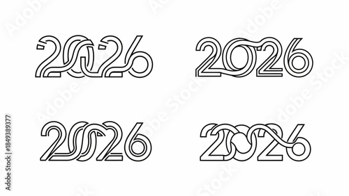 Stylized graphic representations of the year 2026 in bold black line art on white