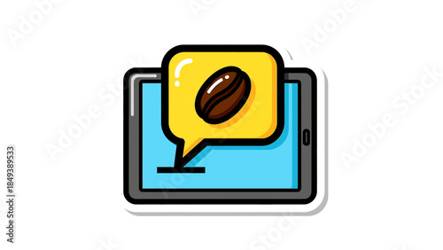 Iconic representation of mobile coffee service, a roasted bean in a speech bubble on a tablet display for digital convenience