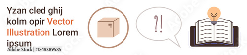 Education, communication, creativity, knowledge sharing, brainstorming, learning. Icon set with a box, speech bubble and open book with lightbulb. Knowledge sharing and creativity concept