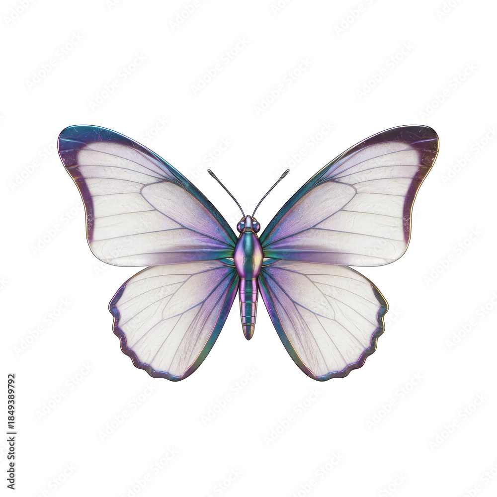 Fototapeta premium Iridescent White Butterfly With Purple Wing Edges Isolated On Transparent Background Realistic 3d Rendering