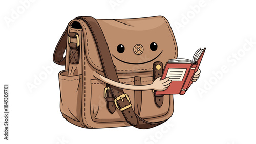 Anthropomorphic brown satchel reading an open red book with two arms