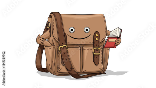 Anthropomorphic brown satchel bag with eyes smile and arms holding a red book