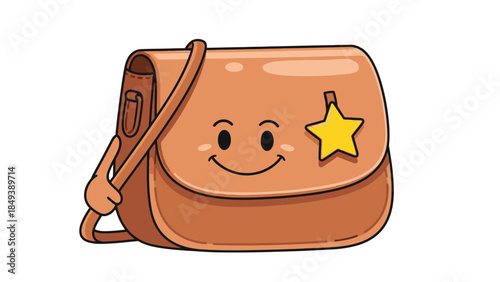 Cartoon brown messenger bag with a happy face and yellow star