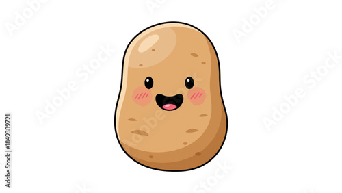 Cartoon potato character with a happy blushing expression on a white background