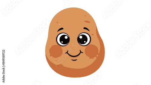 Cartoon potato character with large eyes rosy cheeks and a smiling mouth