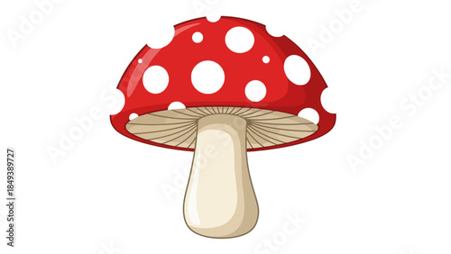 Cartoon illustration of a red and white spotted toadstool mushroom centered on a white background