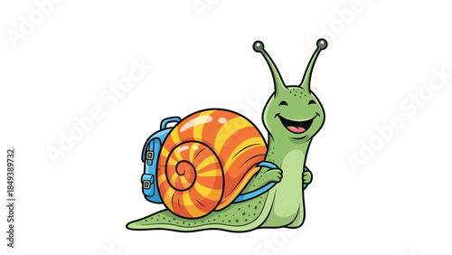 Cheerful cartoon snail with orangestriped shell wearing a blue backpack