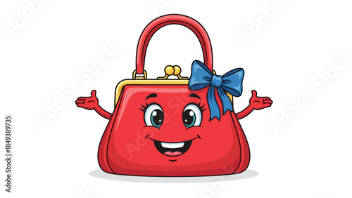Cartoon red clasp purse with arms face and blue bow