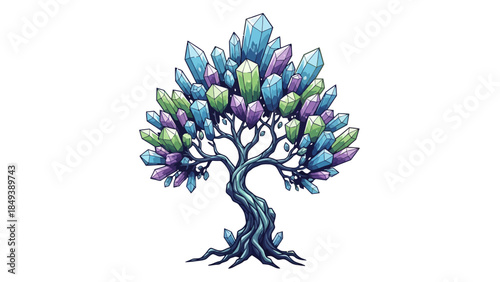 Pixel art illustration of a fantasy tree with colorful crystal foliage on a white background