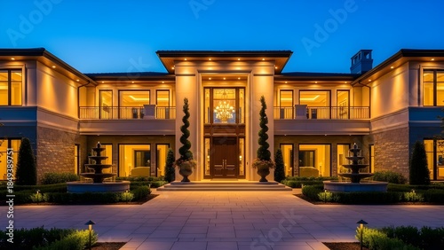 Luxury modern house exterior at night featuring large columns and sophisticated lighting design