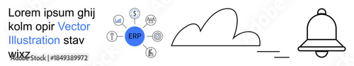 Business management, cloud-based services, ERP systems, notification systems, software integration, workflow optimization. A cloud with a bell, ERP chart. ERP systems and business management