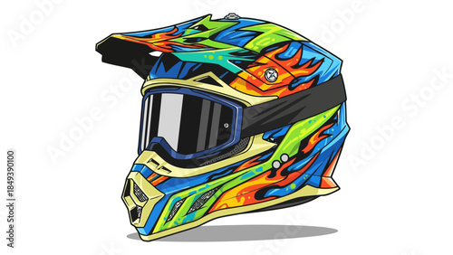 Stylized motocross helmet with vibrant flame and splatter graphics