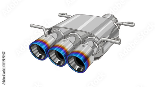 Stylized rendering of a tripletip polished metal exhaust muffler with burnt bluegold coloration