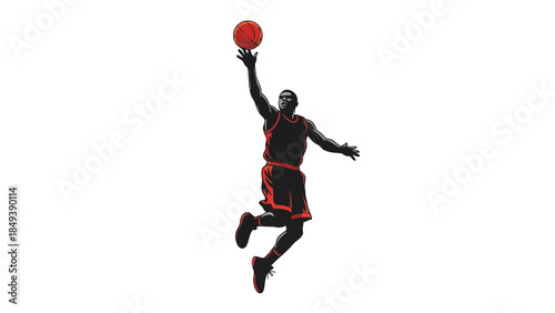 Stylized silhouette of a basketball player leaping to shoot a ball