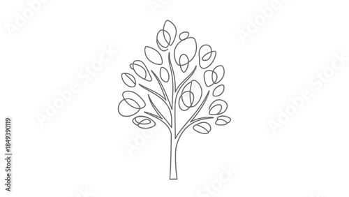 Stylized simple line drawing of a deciduous tree with looping leaf shapes