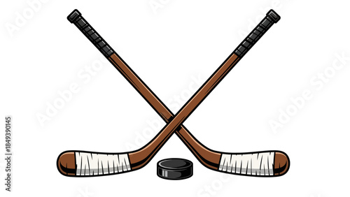 Two crossed hockey sticks and a black puck on a white background