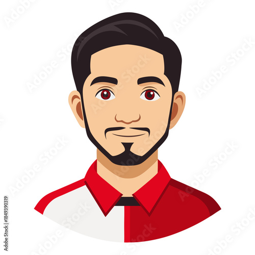 Smiling young man with stylish hair and beard in red shirt