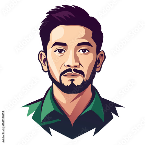 Confident young man with beard and green shirt looking forward