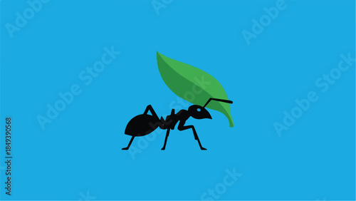 Ant carrying a green leaf on a blue background.