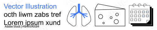 Health care, nutrition, scheduling, medical education, respiratory wellness, time management. Outlined icons of lungs, cheese slice calendar. Health and nutrition in medical and scheduling contexts
