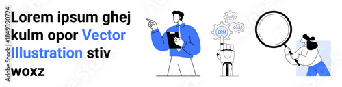 Business planning, data visualization, teamwork, problem solving, innovation, research. Figures collaborate with data charts and magnifiers. Business planning and data visualization concept