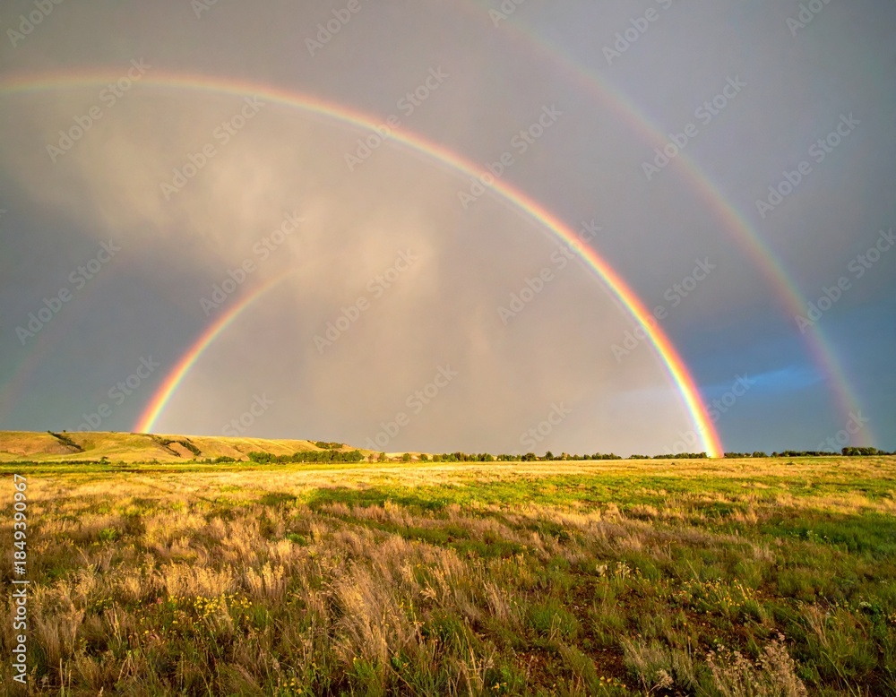 Naklejka premium two rainbows intersecting faintly above an open field, subtle and natural