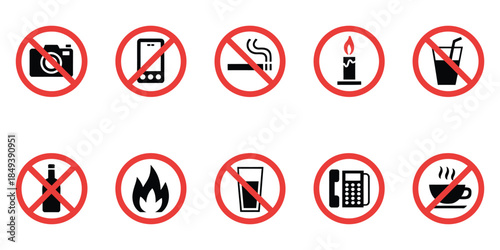 Set of Prohibited Icons, a professional vector collection of restriction symbols including no photography, no smoking, no food or drinks, no phone, no fire, and no alcohol