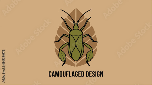 Camouflaged insect design with a leaf background.