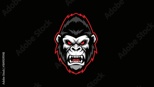 Fierce Gorilla Head Mascot with Red Eyes on Black Background for Sports Teams and Brands