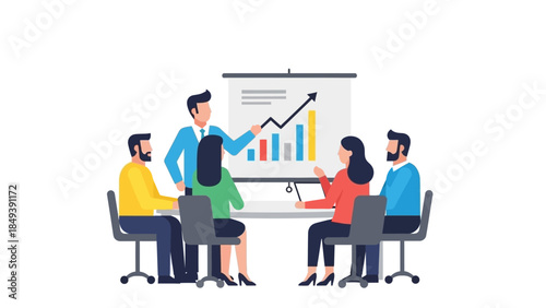 Business team collaborating on a project, presenting financial growth charts on a projector screen