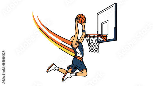 Cartoon basketball player slamming the ball through a hoop with motion trails